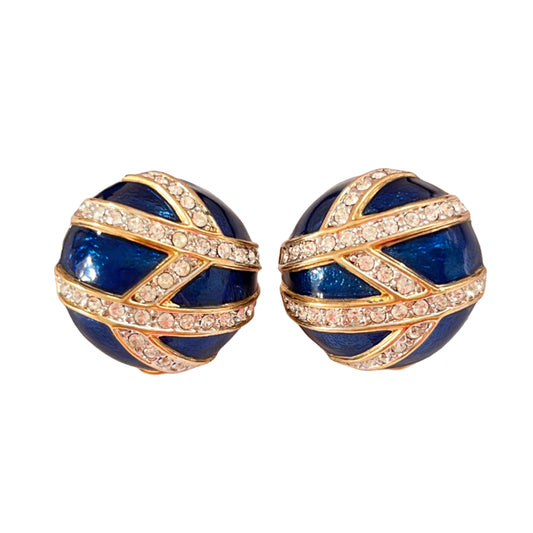 1980s Royal Blue Enamel Diamanté Gold Plated Circle Clip On Earrings