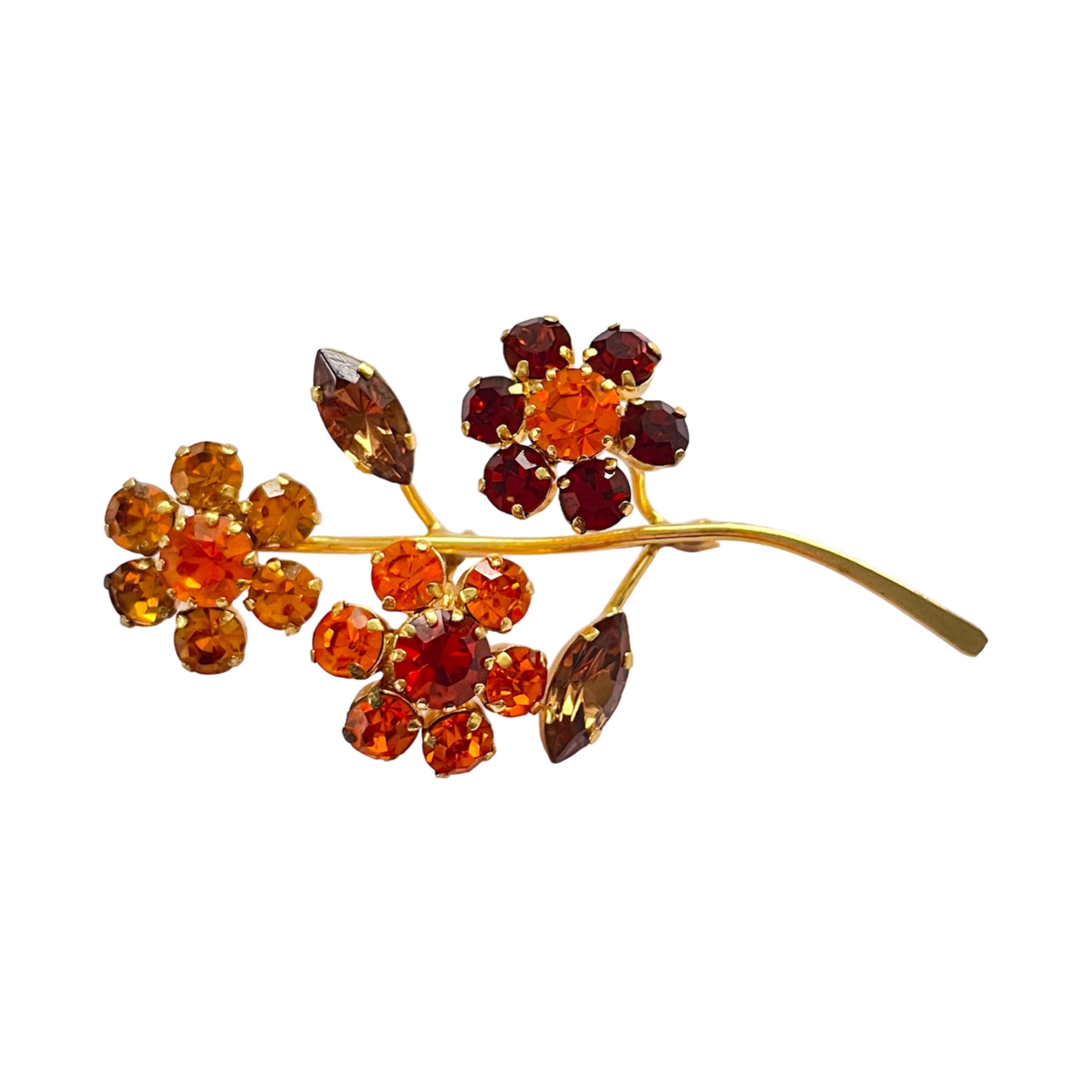 1950s Autumnal Orange & Bronze Diamanté Gold Plated Flower Brooch