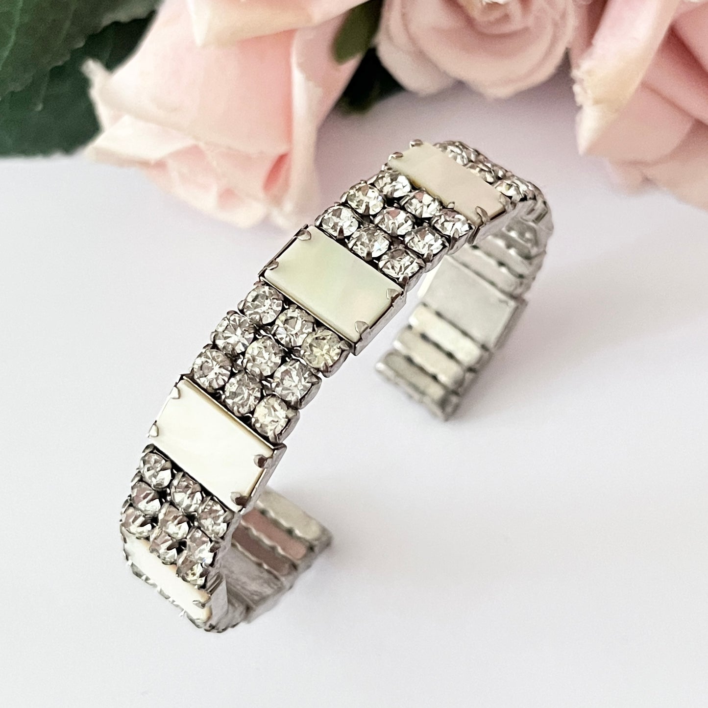 1940s Mother of Pearl and Diamanté Cuff Bracelet