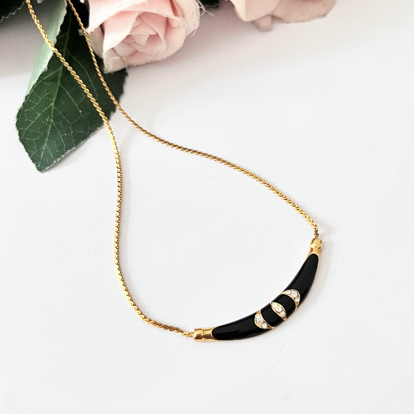1980s Black Enamel Diamanté Gold Plated Chain Necklace