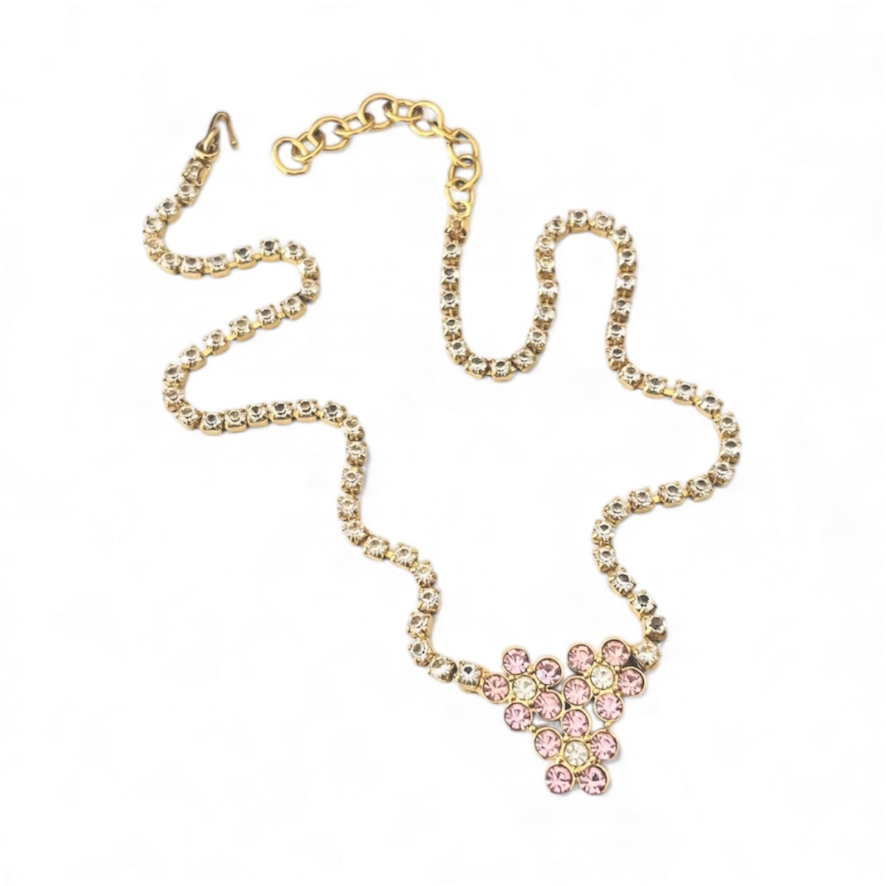 1980s Monet Pink Diamanté Gold Plated Flower Necklace
