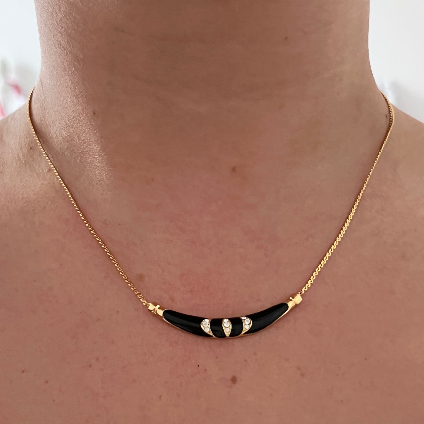 1980s Black Enamel Diamanté Gold Plated Chain Necklace