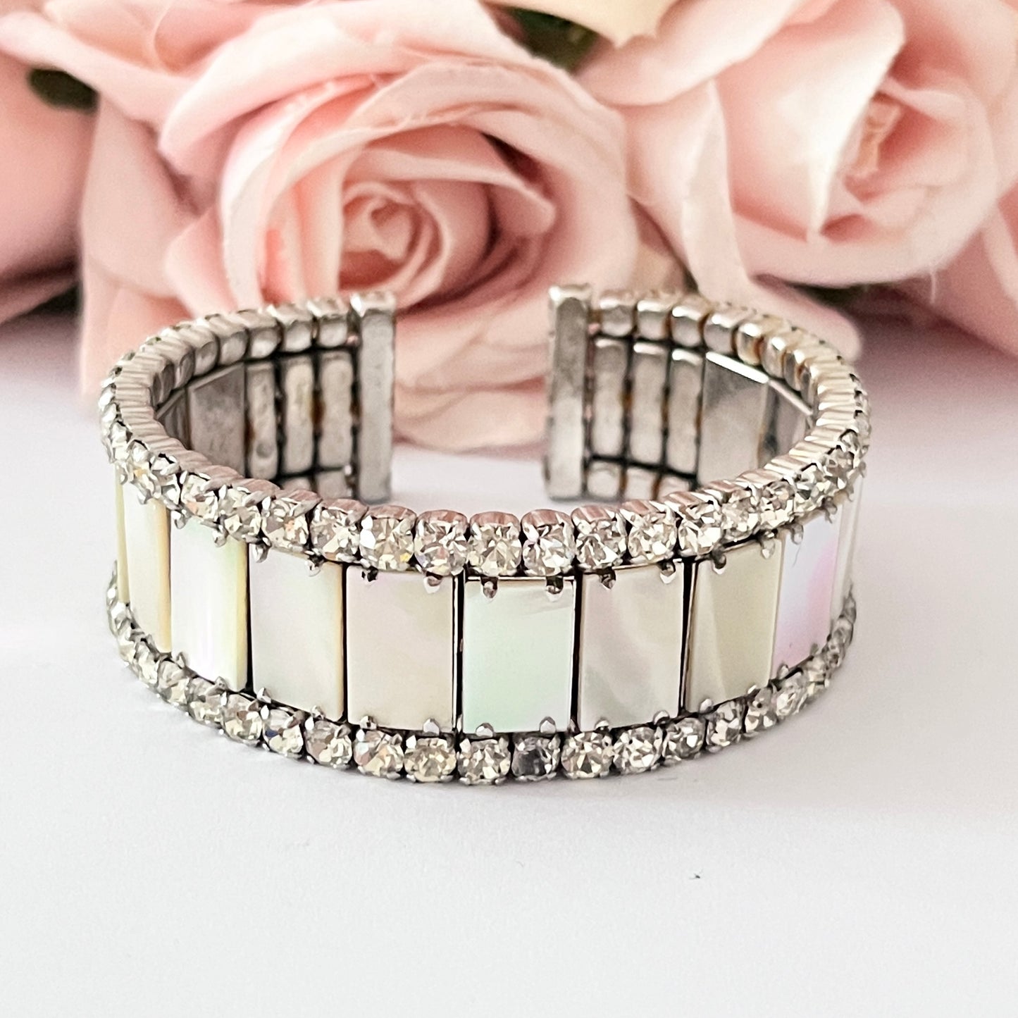 1940s Mother of Pearl and Diamanté Cuff Bracelet