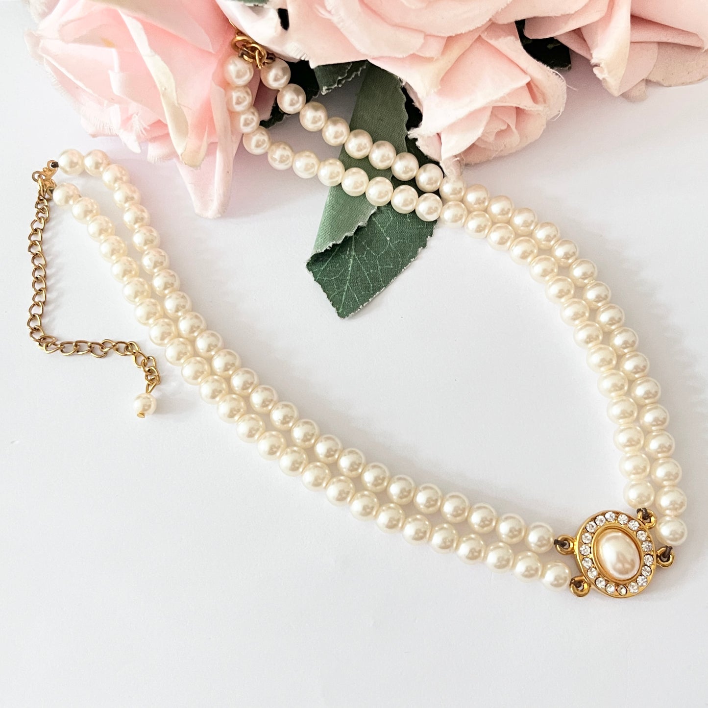 1980s Faux Pearl Diamanté Multistrand Collar Necklace