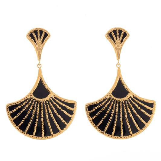 14k Gold Plated Black Enamel Art Deco Style Fan Dangly Pierced Earrings