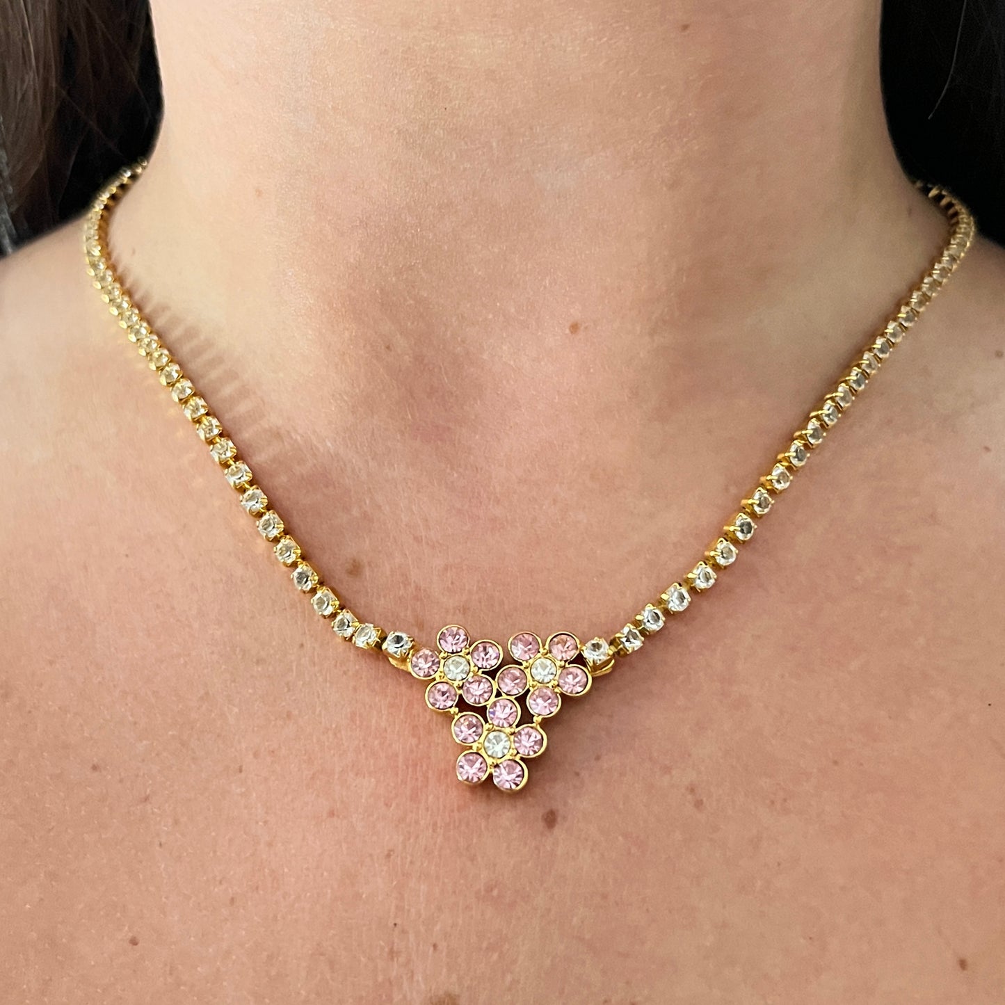 1980s Monet Pink Diamanté Gold Plated Flower Necklace