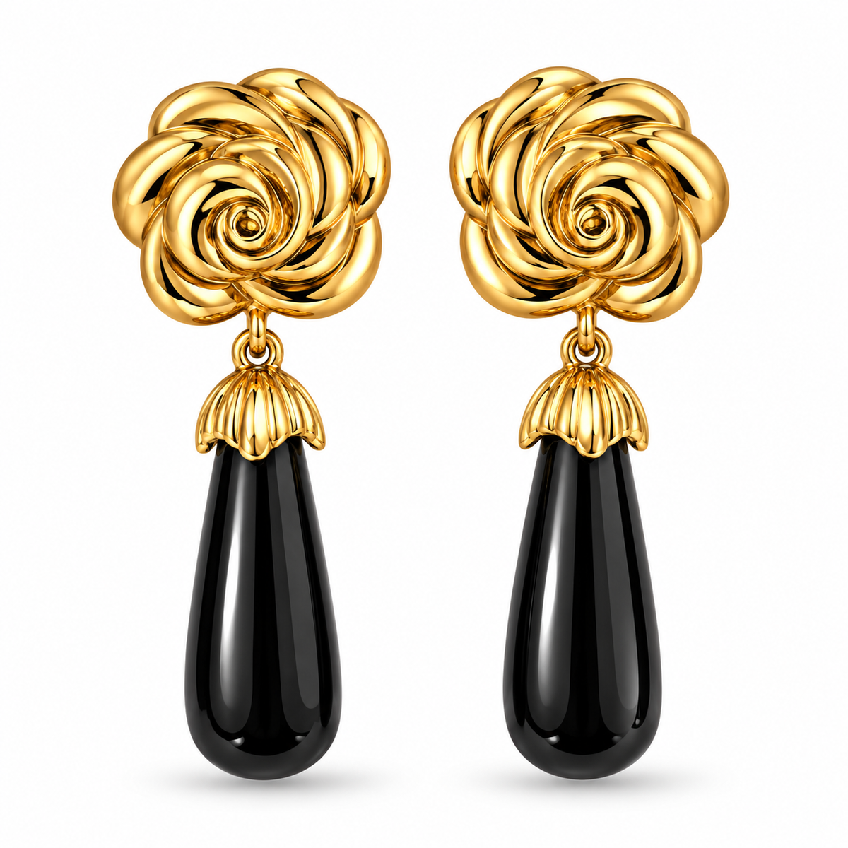 1980s Monet Gold Plated Flower Black Enamel Dangly Clip On Earrings