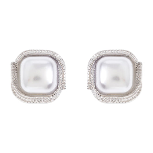 Silver Faux Pearl Square Statement Pierced Earrings