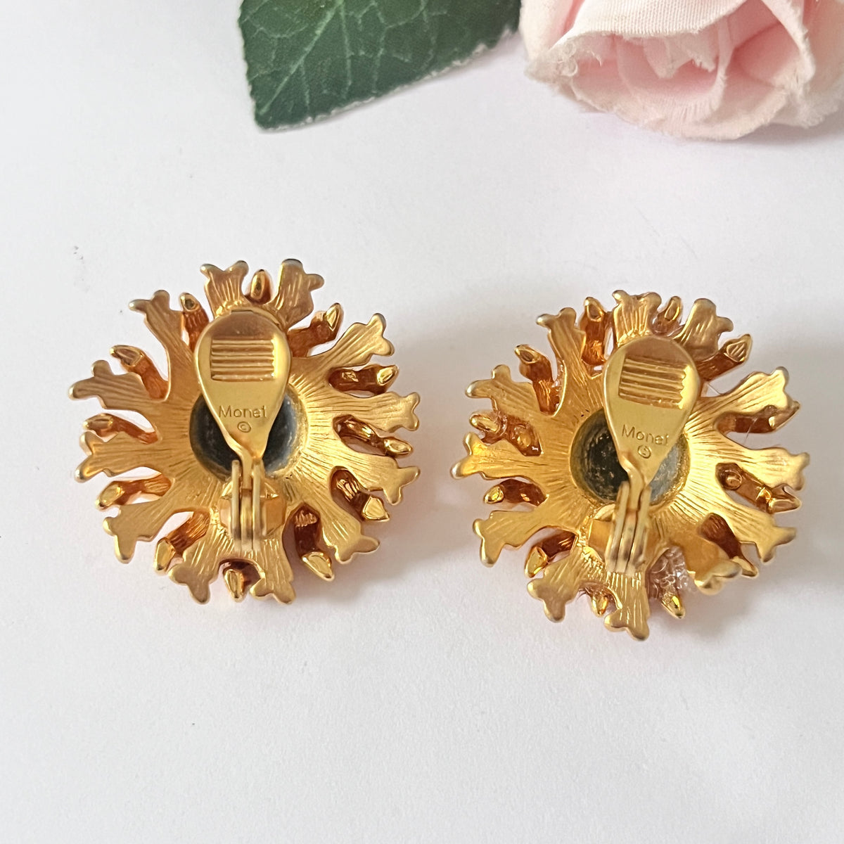 1980s Monet Brushed Gold Plated Flower Clip On Earrings