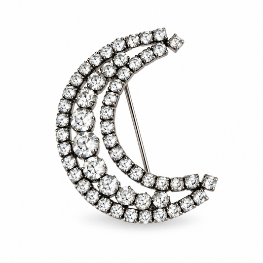 1960s Crescent Moon Diamanté Silver Tone Brooch
