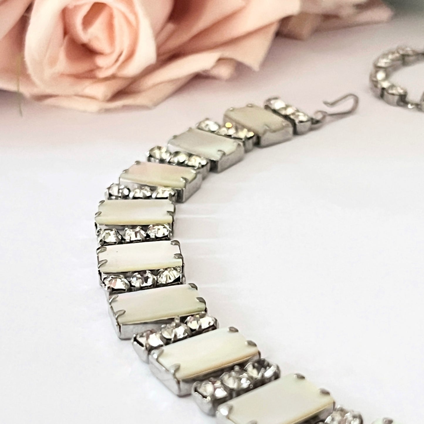 1950s Mother Of Pearl Diamanté Statement Collar Necklace