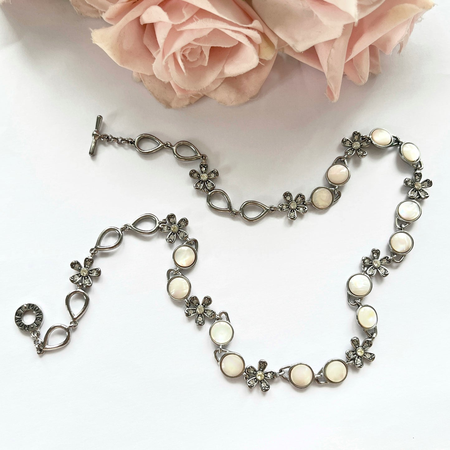 1960s Monet Mother Of Pearl Flower Diamanté Silver Tone Necklace