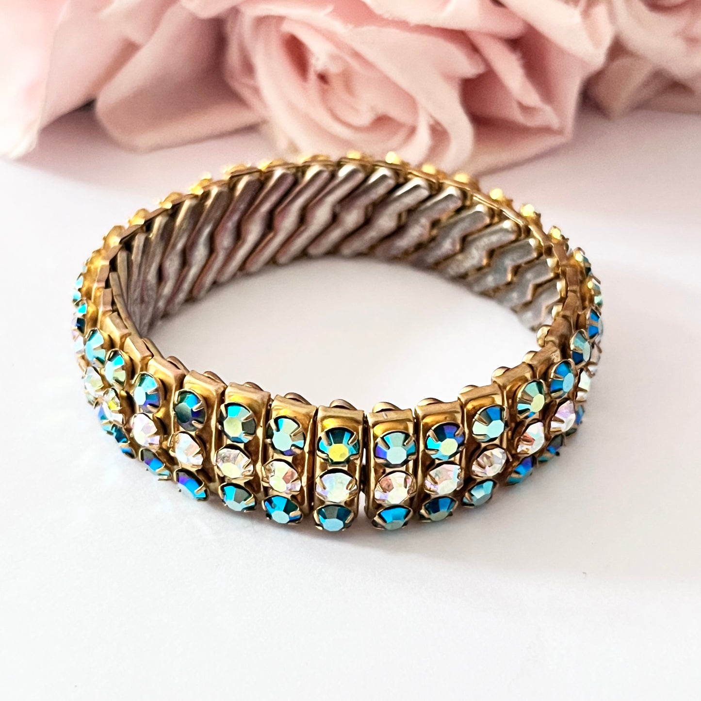 1950s Blue Aurora Borealis Gold Plated Expandable Empire Made Cuff Bracelet