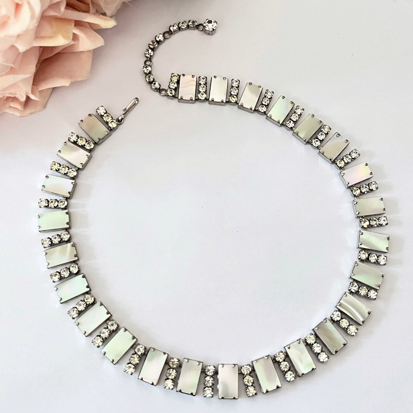 1950s Mother Of Pearl Diamanté Statement Collar Necklace