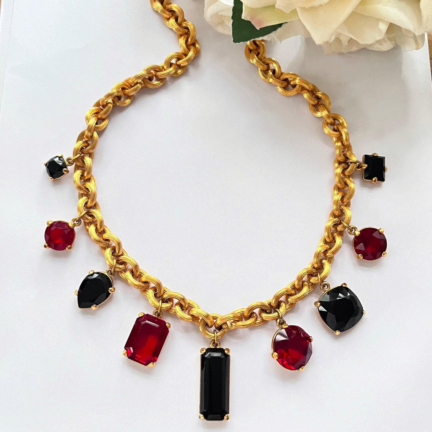 1980s Monet Black And Red Diamanté Gold Plated Statement Necklace