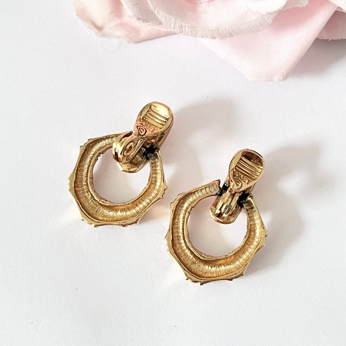 1980s Monet Gold Plated Bamboo Door Knocker Hoop Clip On Earrings