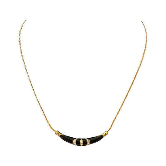 1980s Black Enamel Diamanté Gold Plated Chain Necklace