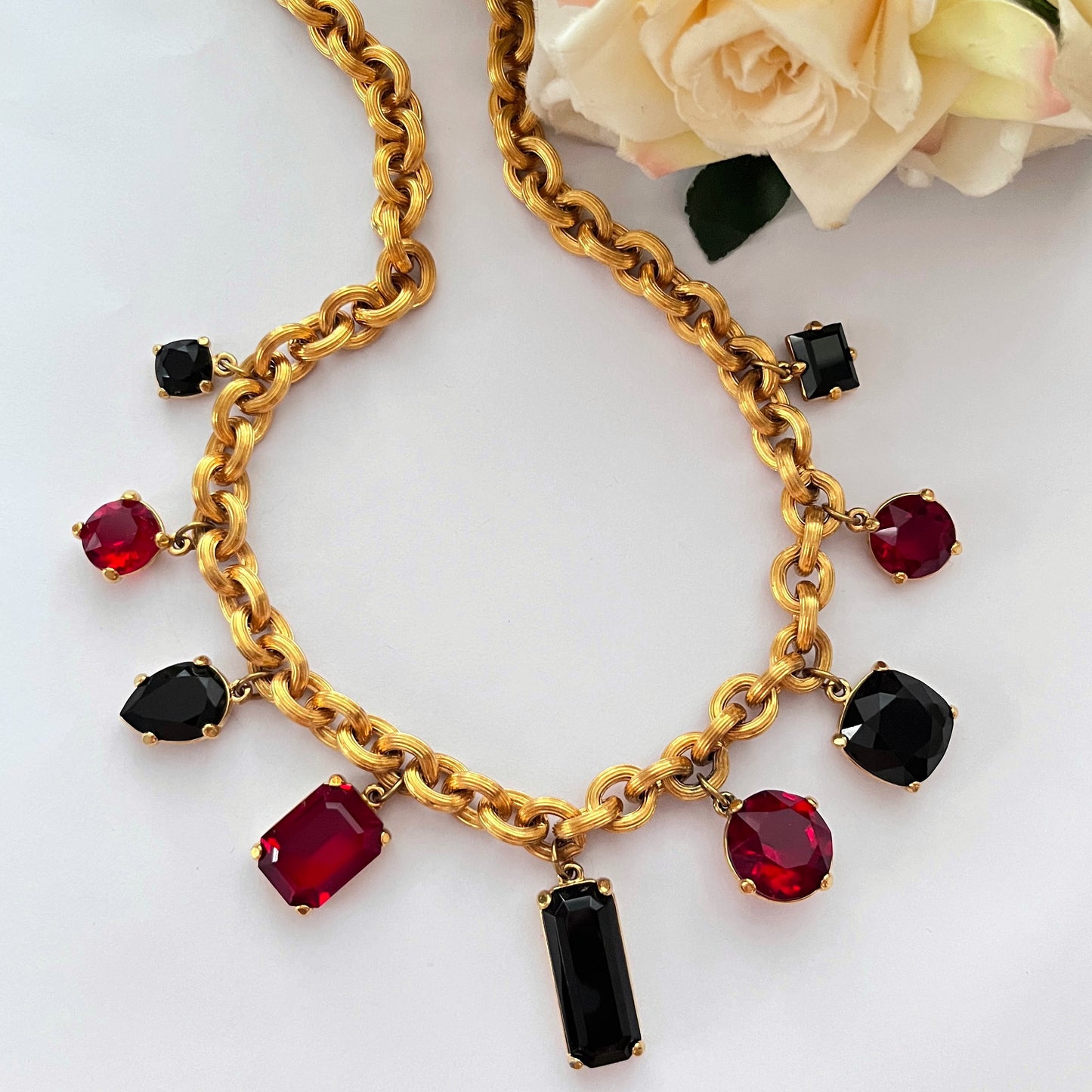 1980s Monet Black And Red Diamanté Gold Plated Statement Necklace