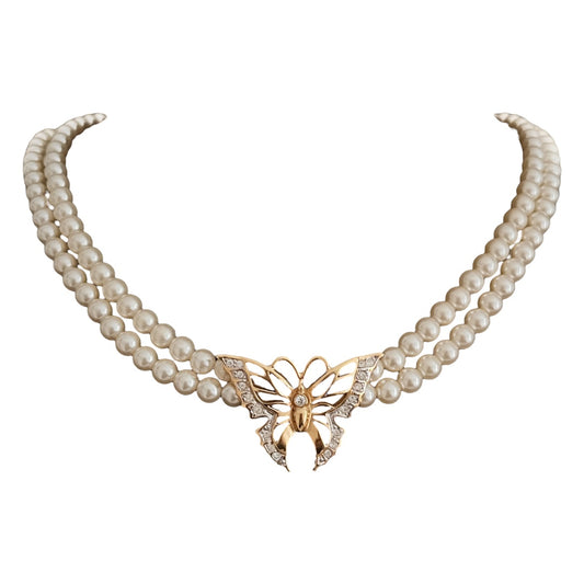 1980s Butterfly Pendant Faux Pearl Multistrand Collar Necklace