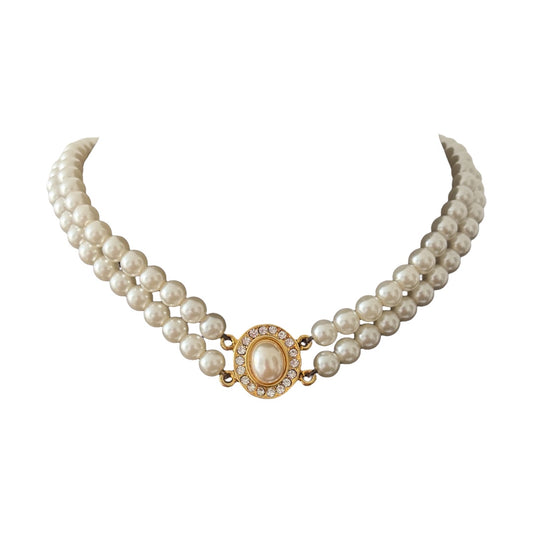 1980s Faux Pearl Diamanté Multistrand Collar Necklace