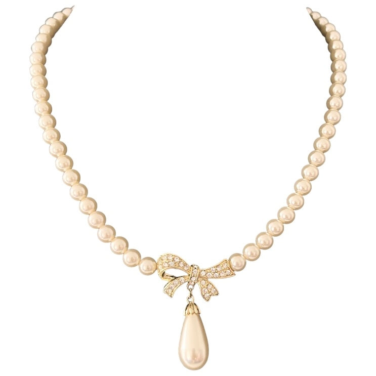 1980s Faux Pearl and Diamanté Gold Plated Bow Necklace