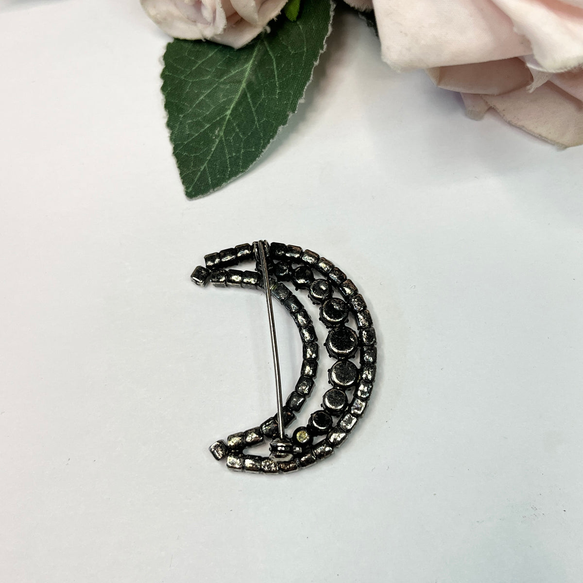 1960s Crescent Moon Diamanté Silver Tone Brooch