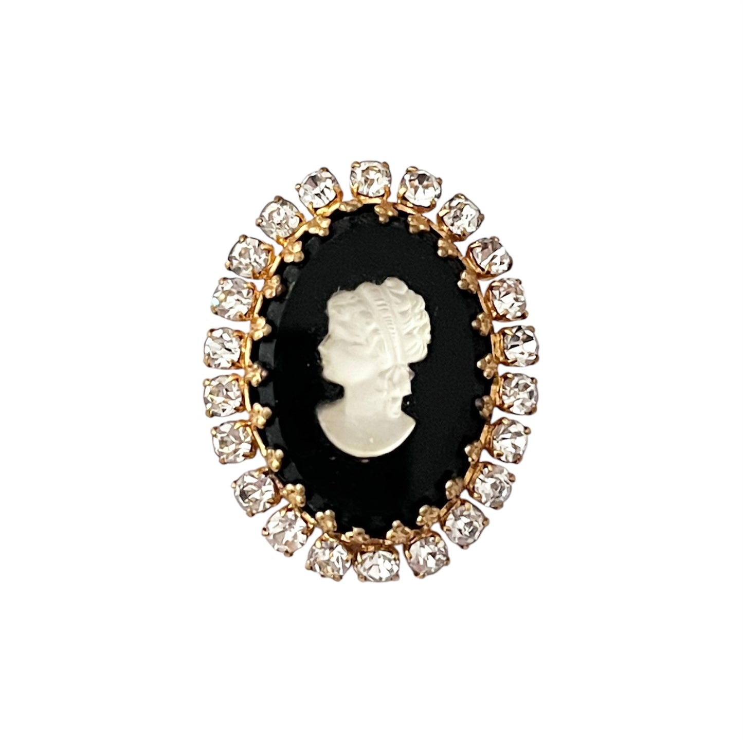 1980s Black Enamel Diamanté Sparkly Cameo Brooch