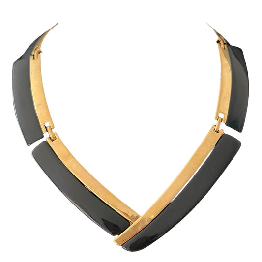 1980s Napier Gold Plated Black Resin Statement Collar Necklace