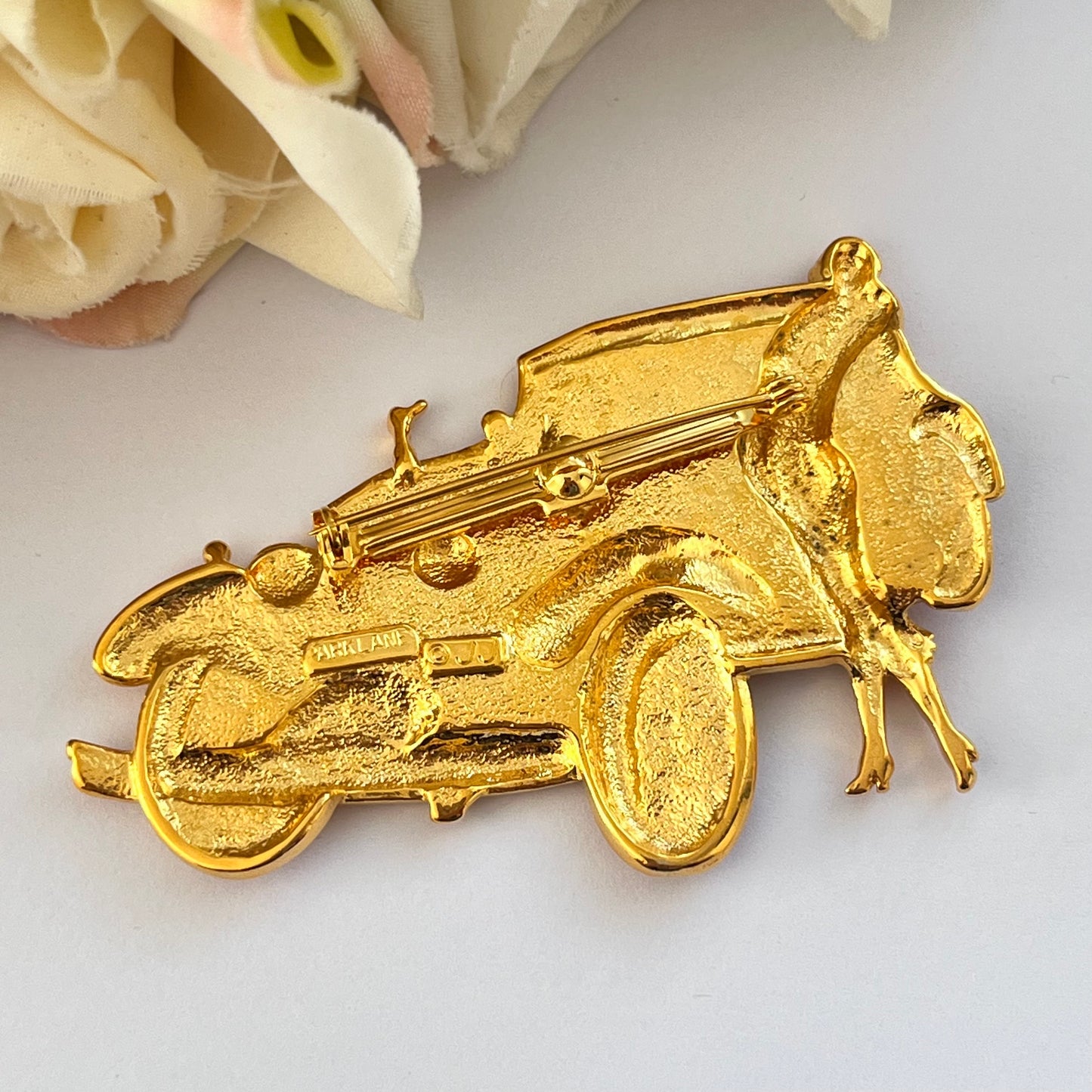 1980s JJ Jonette Jewelry for Park Lane Gold Plated Vintage Lady & Rolls Royce Car Brooch