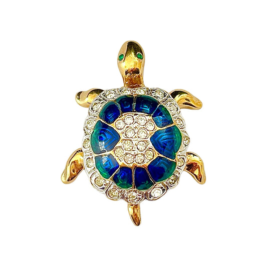 1980s Attwood & Sawyer Turtle Blue and Green Enamel Swarovski Crystals 22ct Gold Plated Brooch