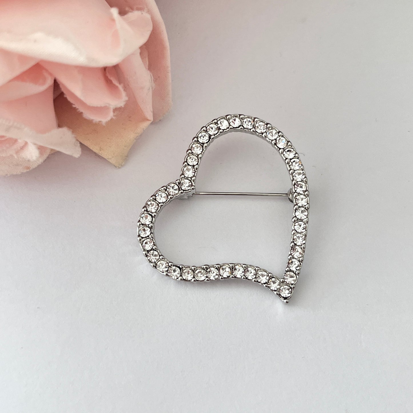 1980s Silver Tone Diamantés Love Heart Brooch