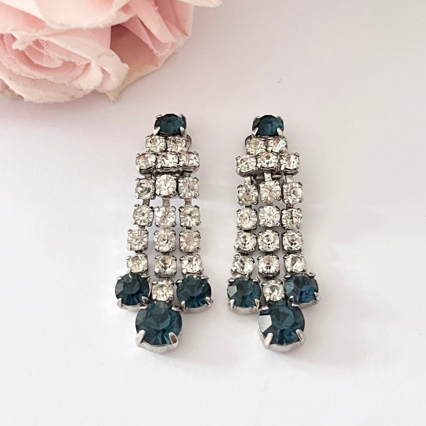 1950s Sparkly Navy Blue Diamanté Dangly Clip On Earrings