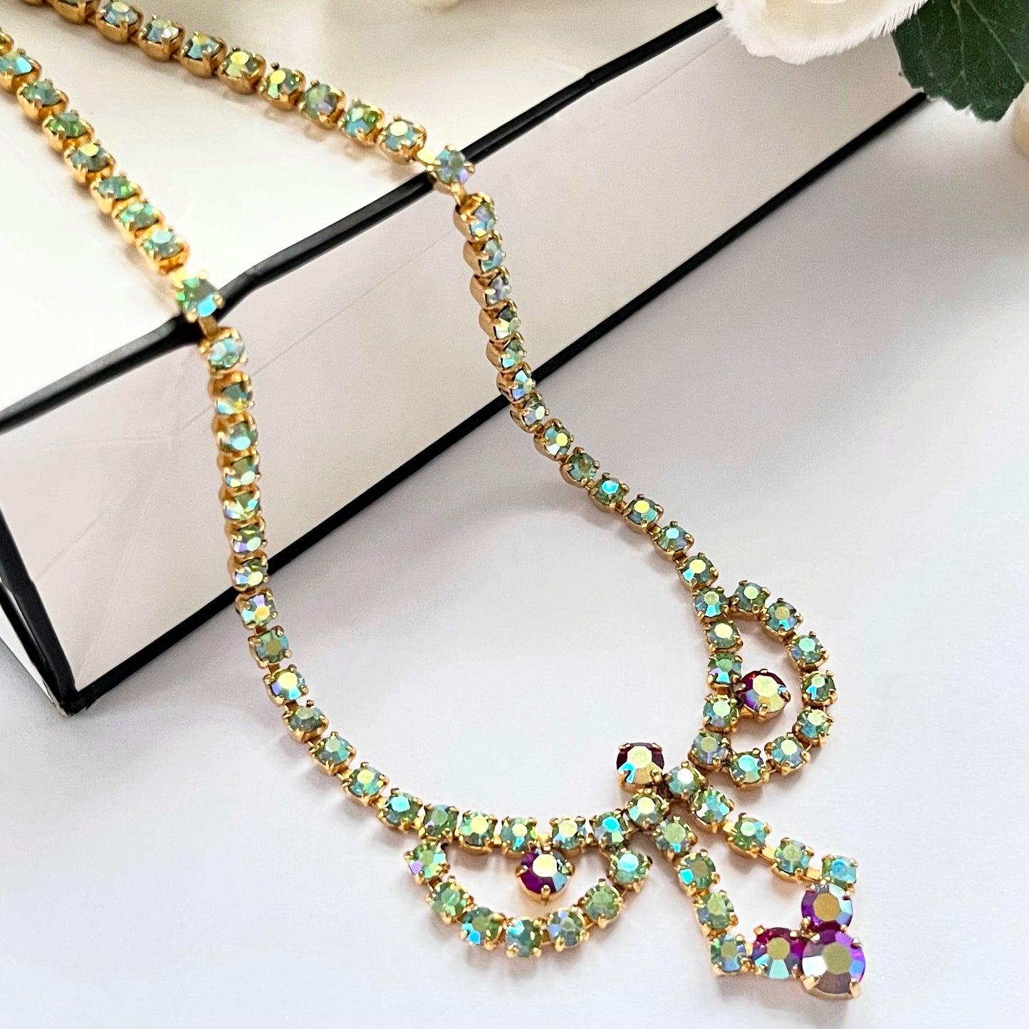 1950s Aqua Blue and Red Aurora Borealis Gold Plated Statement Necklace