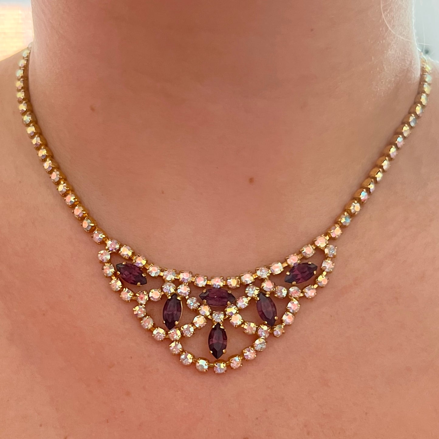 1960s Aurora Borealis Purple Diamanté Statement Necklace