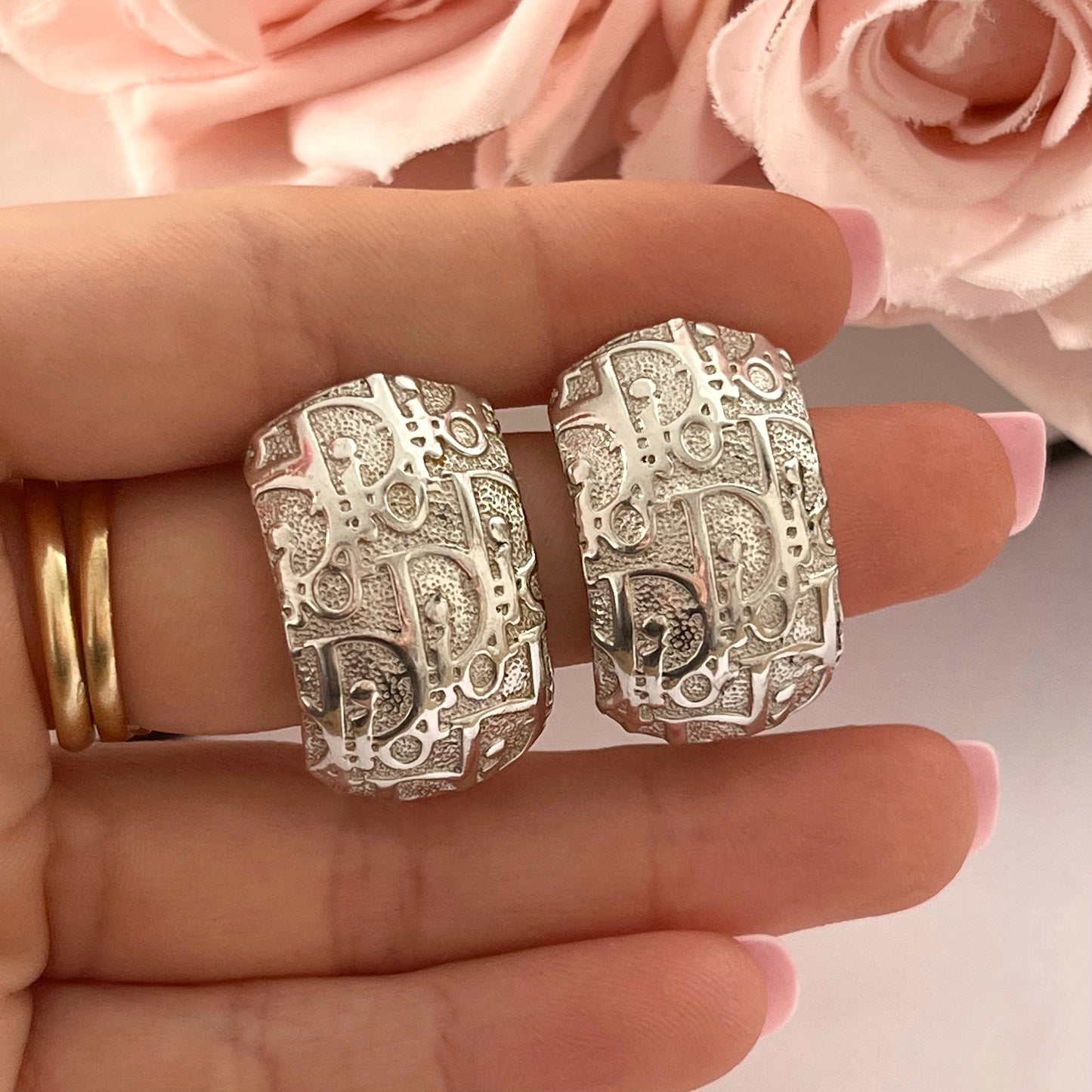1980s Christian Dior Germany Silver Plated Monogram Clip On Earrings