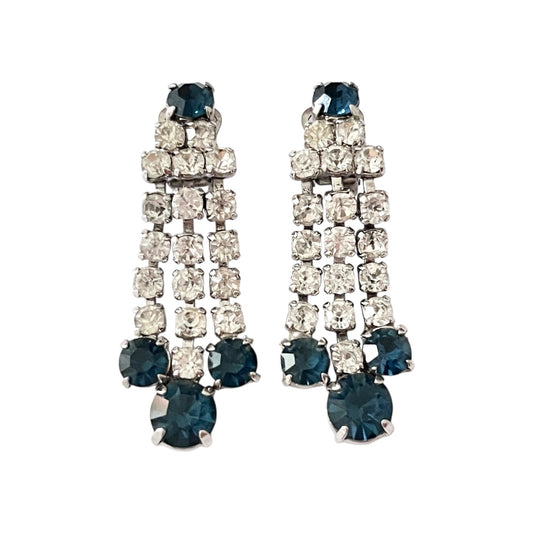 1950s Sparkly Navy Blue Diamanté Dangly Clip On Earrings