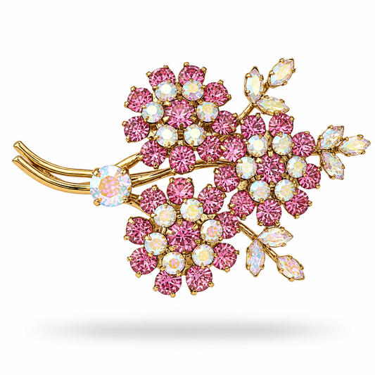 1950s Pink Paste Aurora Borealis Gold Plated Flower Brooch
