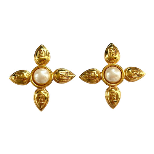 1980s Fendi Faux Baroque Pearl Logo Gold Plated Clip On Earrings