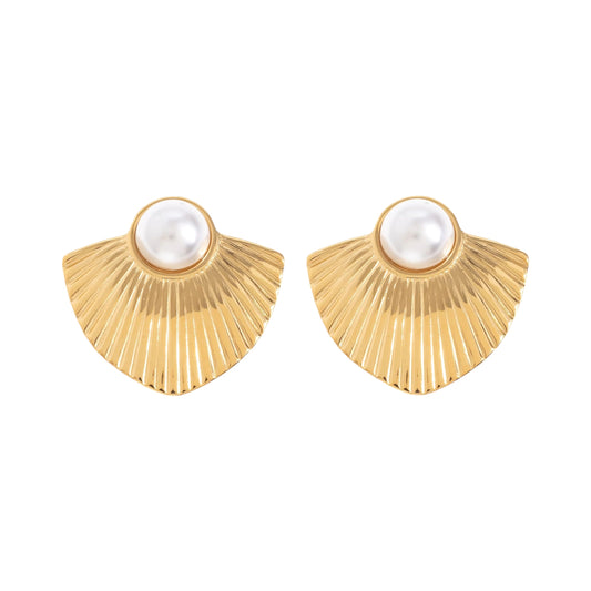 14k Gold Plated Faux Pearl Statement Pierced Art Deco Style Fan Earrings