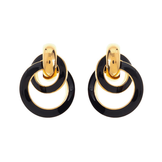 14k Gold Plated Black Enamel Door Knocker Statement Pierced Earrings