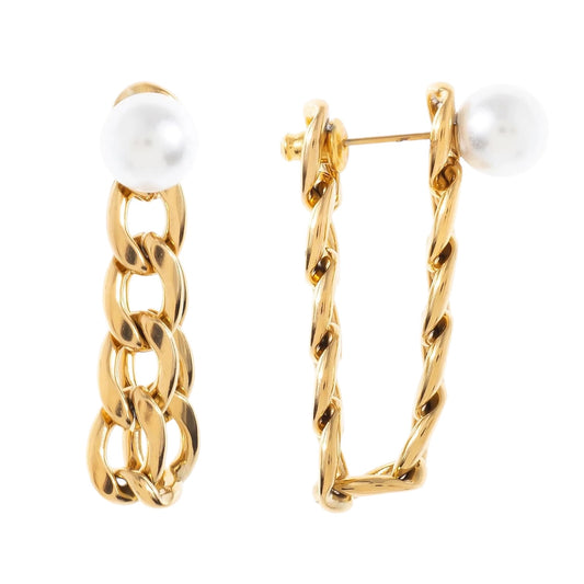 14k Gold Plated Faux Pearl Statement Pierced Chain Hoop Earrings