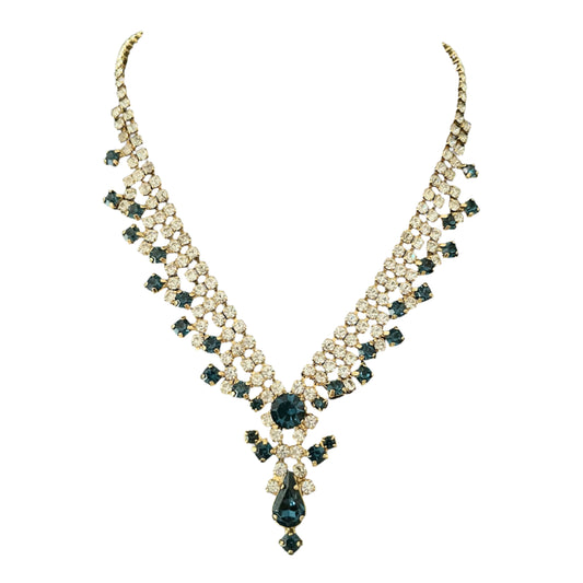 1950s Navy Blue And Silver Diamanté Gold Plated Statement Necklace