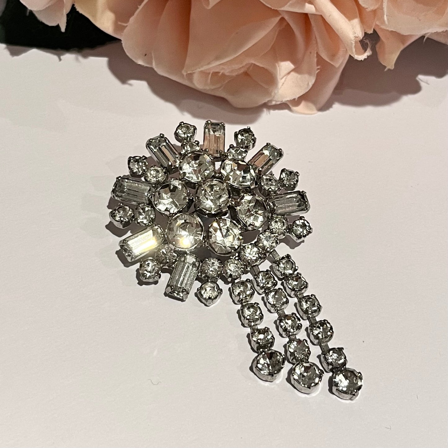 Beautiful 1950s Silver Statement Austrian Crystal Dangly Brooch