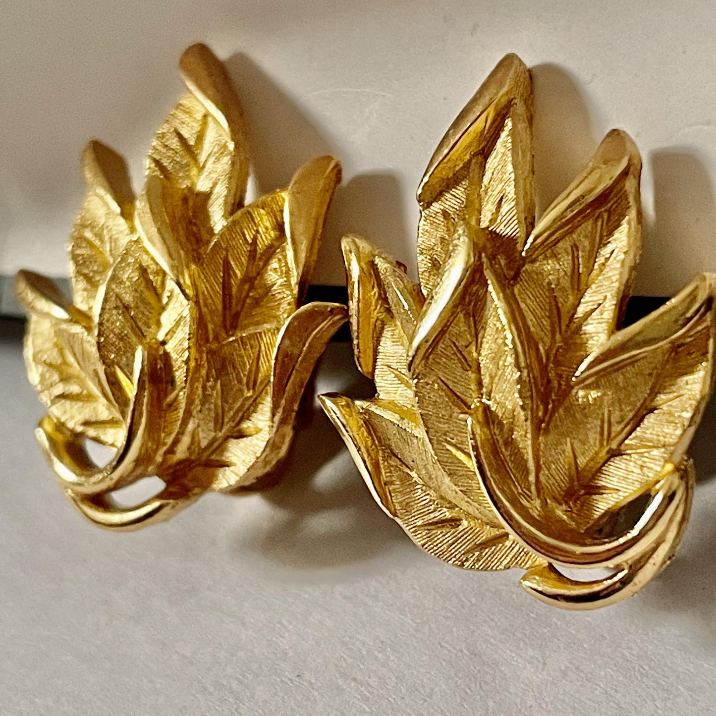 1960s Trifari Brushed Gold Leaf Clip On Earrings
