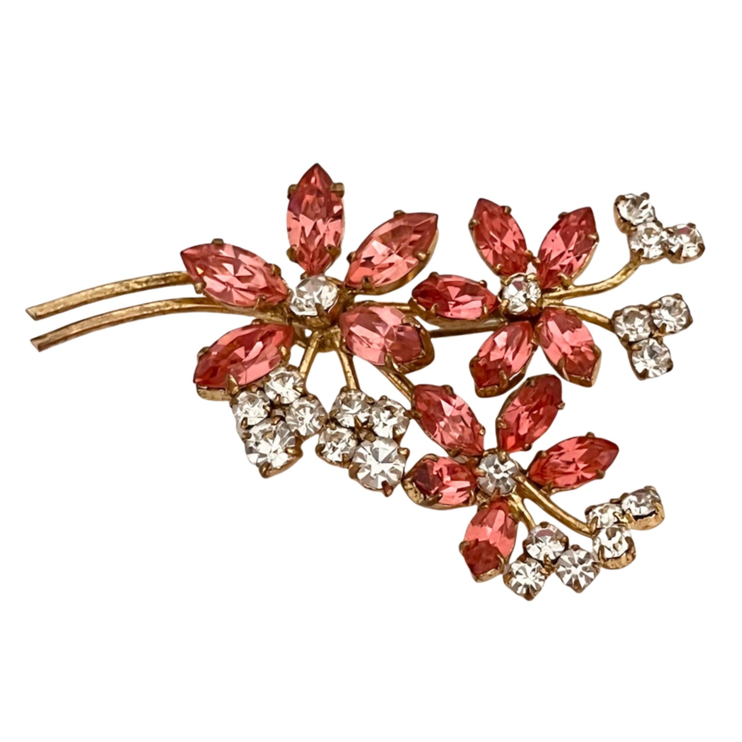 1940s Pretty Pink And Silver Gold Plated Diamanté Flower Brooch