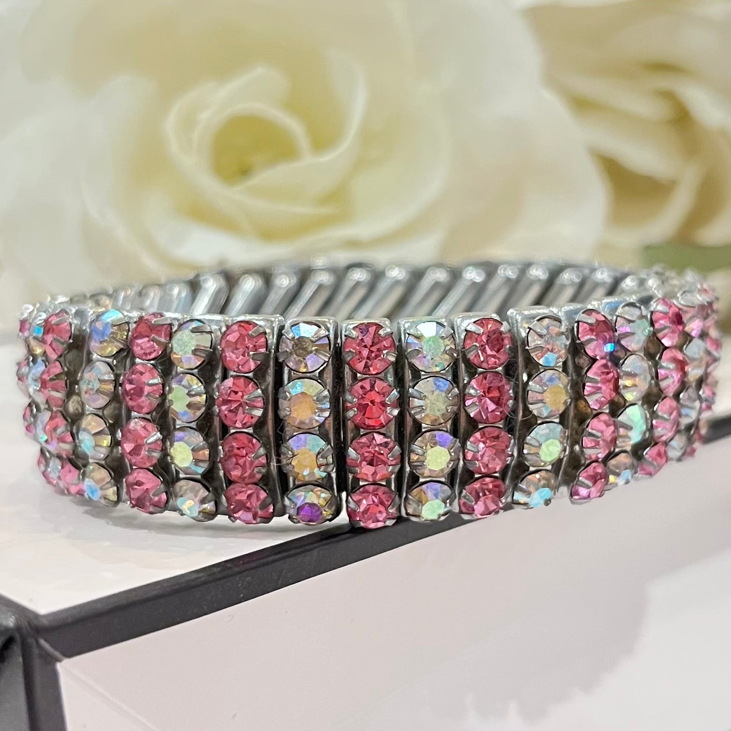 1950s Aurora Borealis and Pink Diamanté Sparkly Expandable Cuff Bracelet