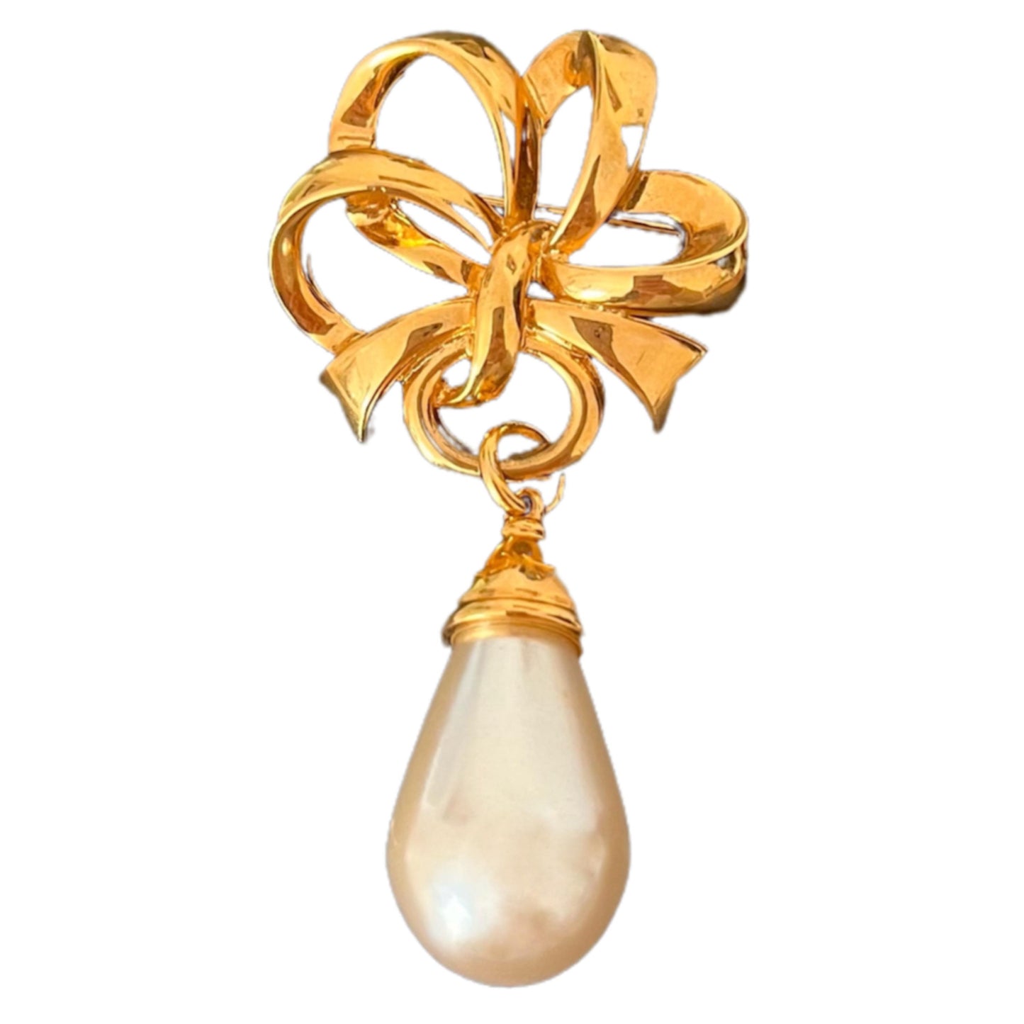 1980s Gold Plated Dangly Faux Pearl Brooch