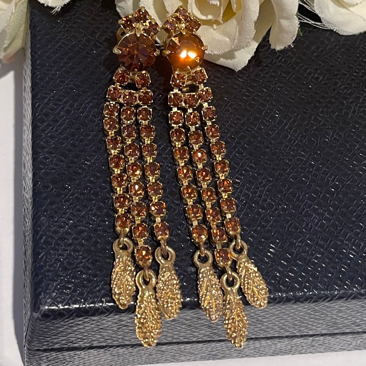 1950s Sparkly Gold Plated Citrine Diamanté Dangly Clip On Earrings