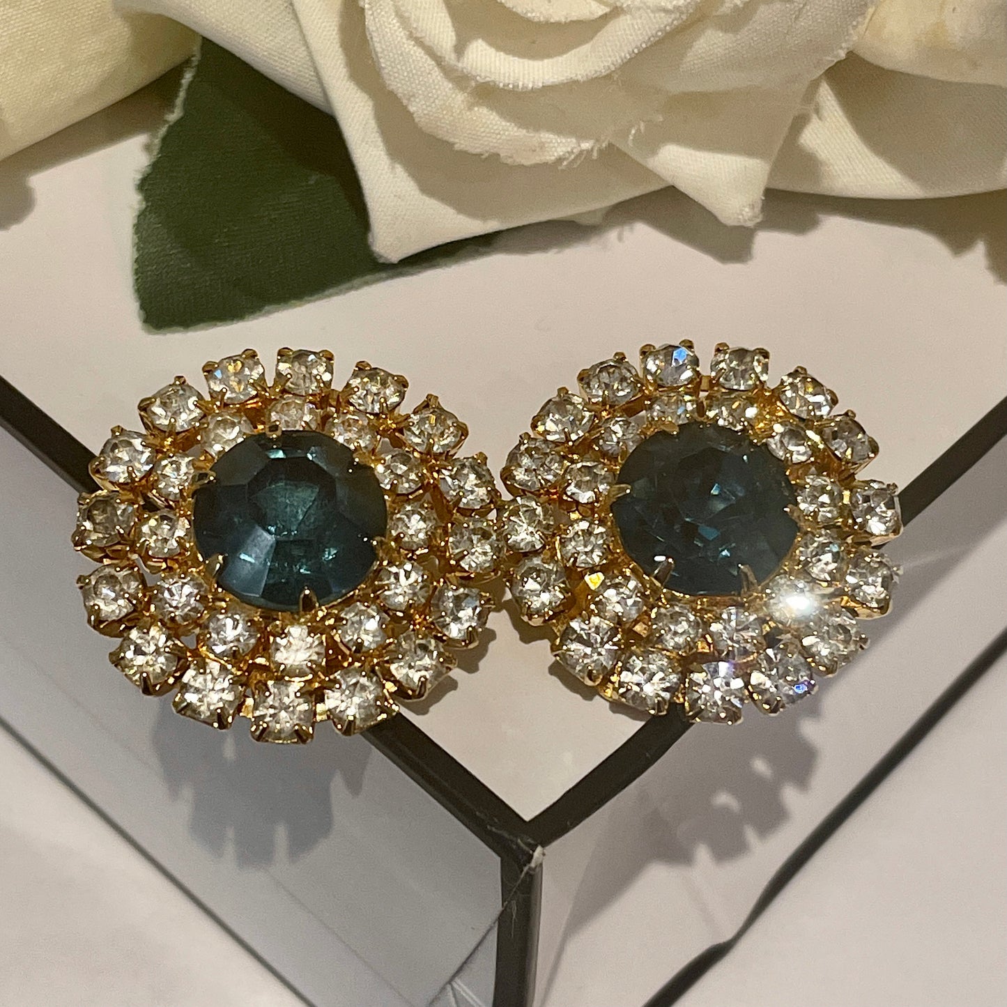 1980s Sparkly Royal Blue Diamanté Clip On Earrings