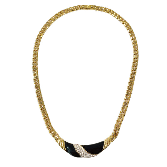 1980s Black Enamel Gold Plated Statement Chain Necklace